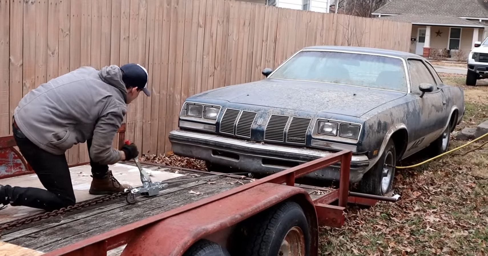 Oldsmobile 442 Barn Find Front Quarter View On Trailer