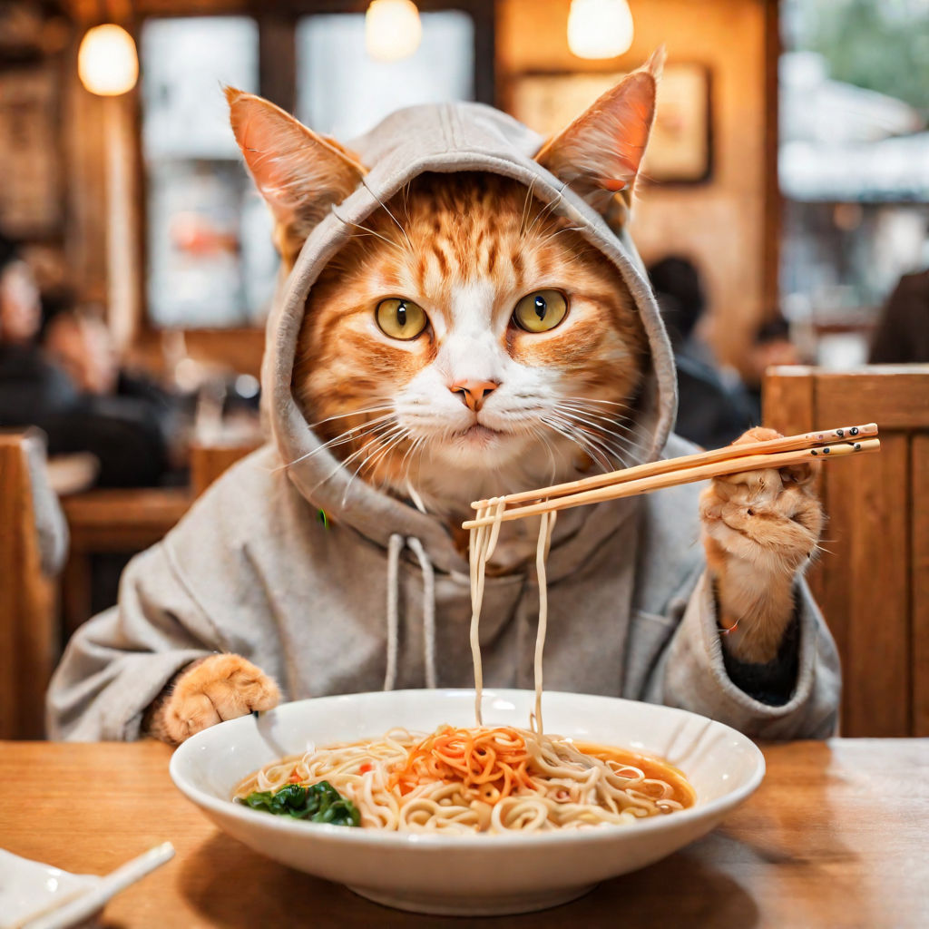 Prompt: Orange cat with bright eyes and a happy expression, sitting in a cozy restaurant, wearing a hoodie, holding chopsticks, noodles dangling from its mouth, sharing a Japanese ramen lunch with another diner, realistic photograph style, warm and soft tones, capturing a moment of feline bliss, natural light, high resolution, depth of field emphasizing the cat's face, intimate dining atmosphere, bokeh effect in the background, ultra fine,