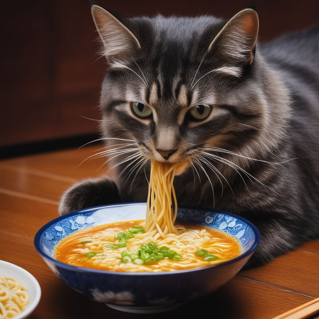 Prompt: Cat eating ramen , high quality