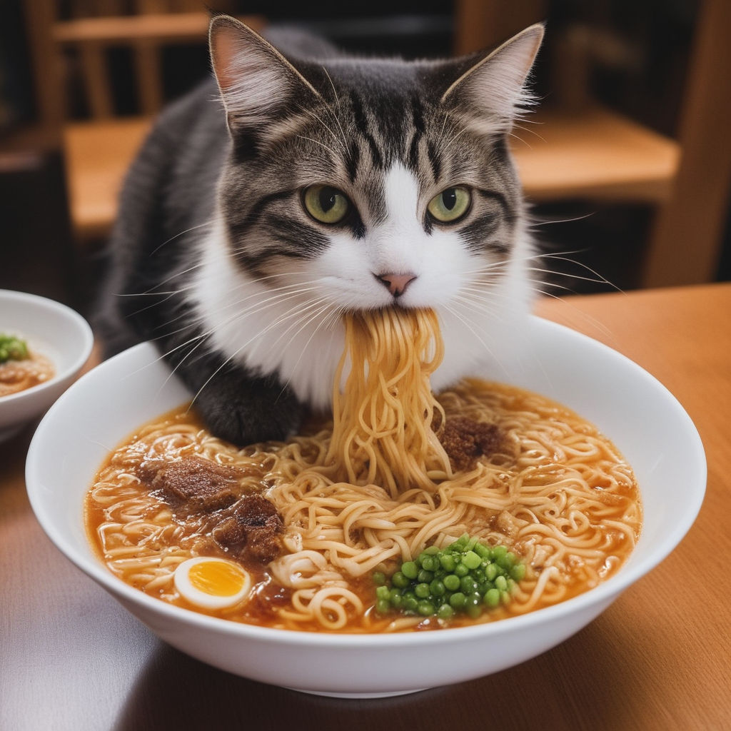 Prompt: Cat eating ramen , high quality